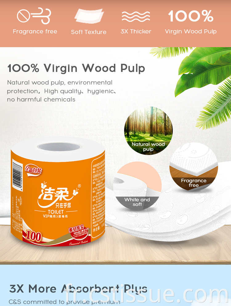 Fabriqué en usine à 100% Virgin Wood Pulp 3 pli Point de toilette Papier de papier de toilette